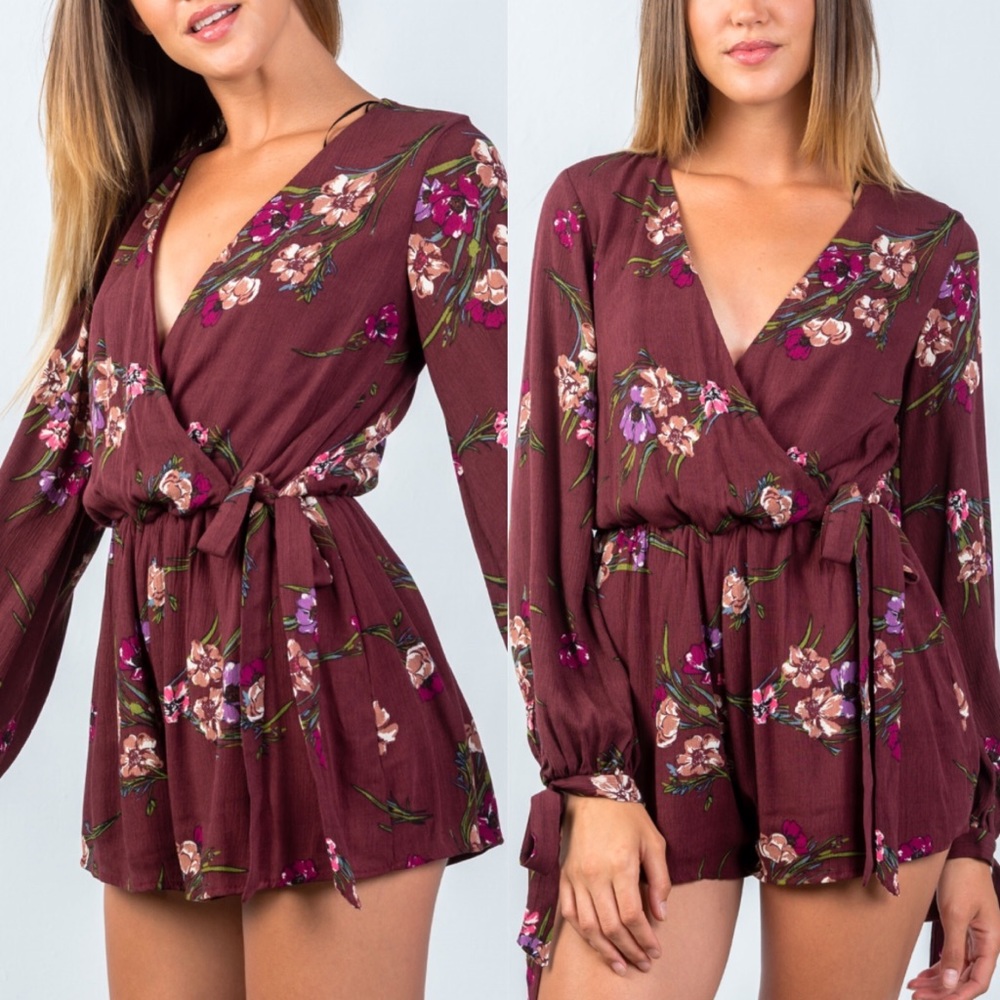 BURGUNDY FLORAL VNECK ROMPER